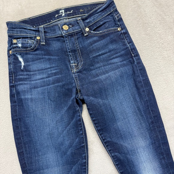 7 For All Mankind Jeans Women's 25 Skinny Whiskered Dark Wash Denim Raw Hem USA - Picture 1 of 16